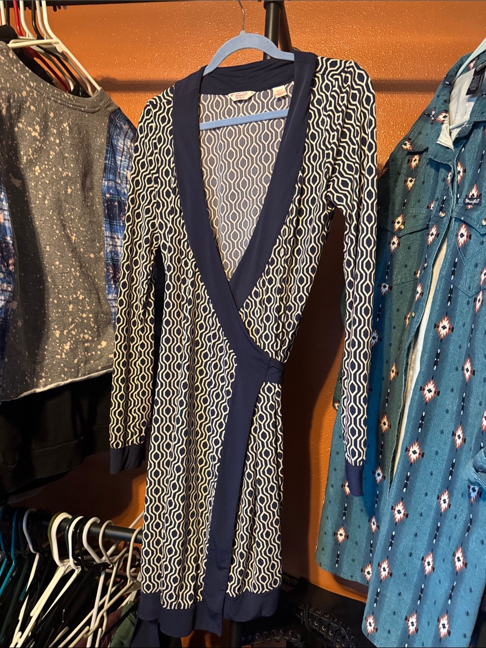 Original Penguin Navy and White Long-Sleeve Wrap Dress